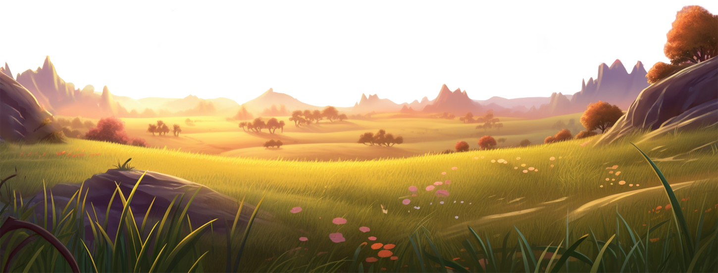 A grassy landscape in the sunset.